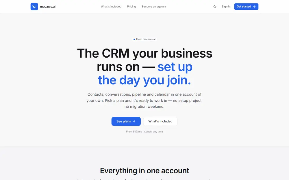 The Nexus homepage: “The CRM your business runs on, set up the day you join.” with contacts, conversations, pipeline and calendar in one account.