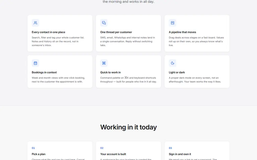 The six things Nexus does: every contact in one place, one thread per customer, a pipeline that moves, bookings in context, quick to work in, light or dark.