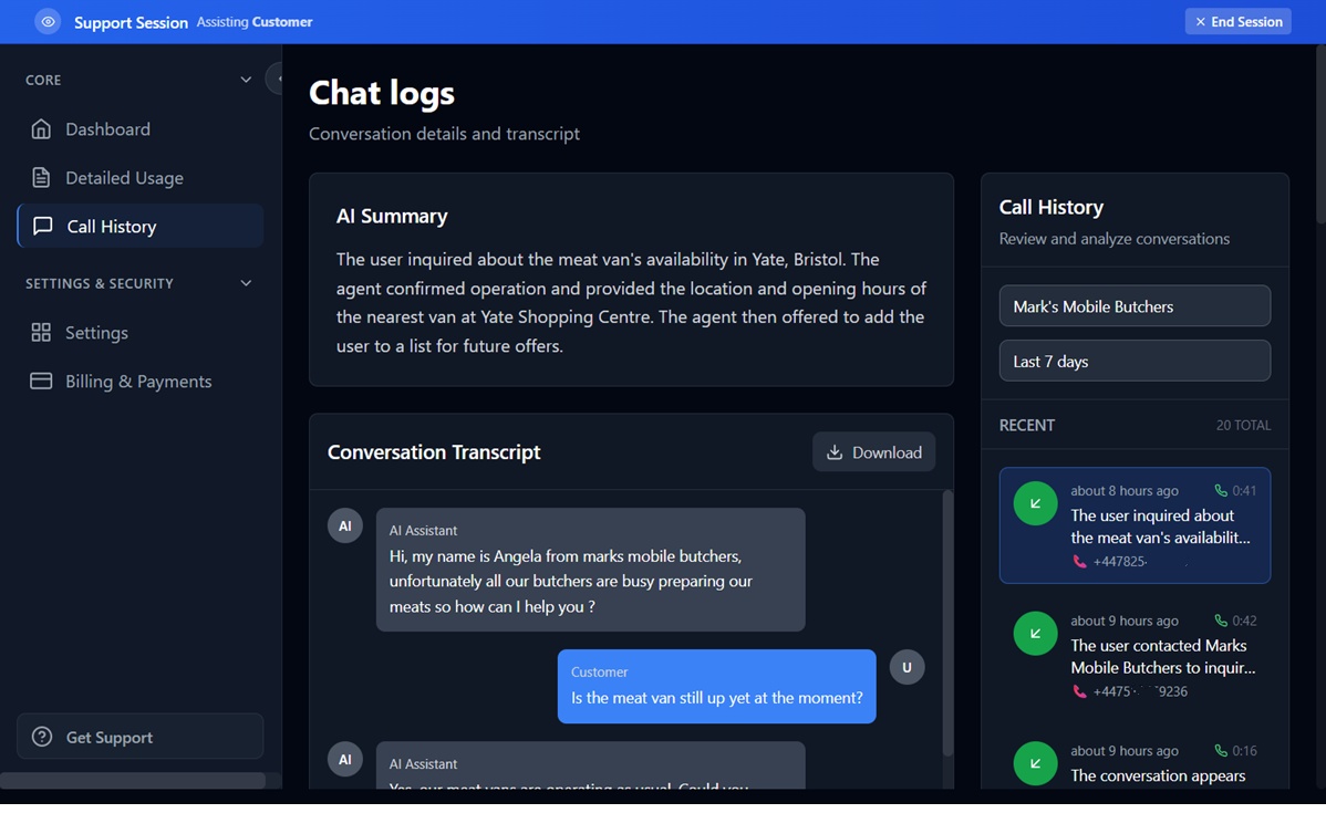 Macaws.ai call dashboard